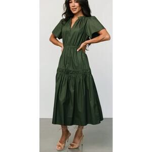 NEW Baltic Born Deep Green Jerrah Midi Dress Size Medium Cotton V Neck Tiered